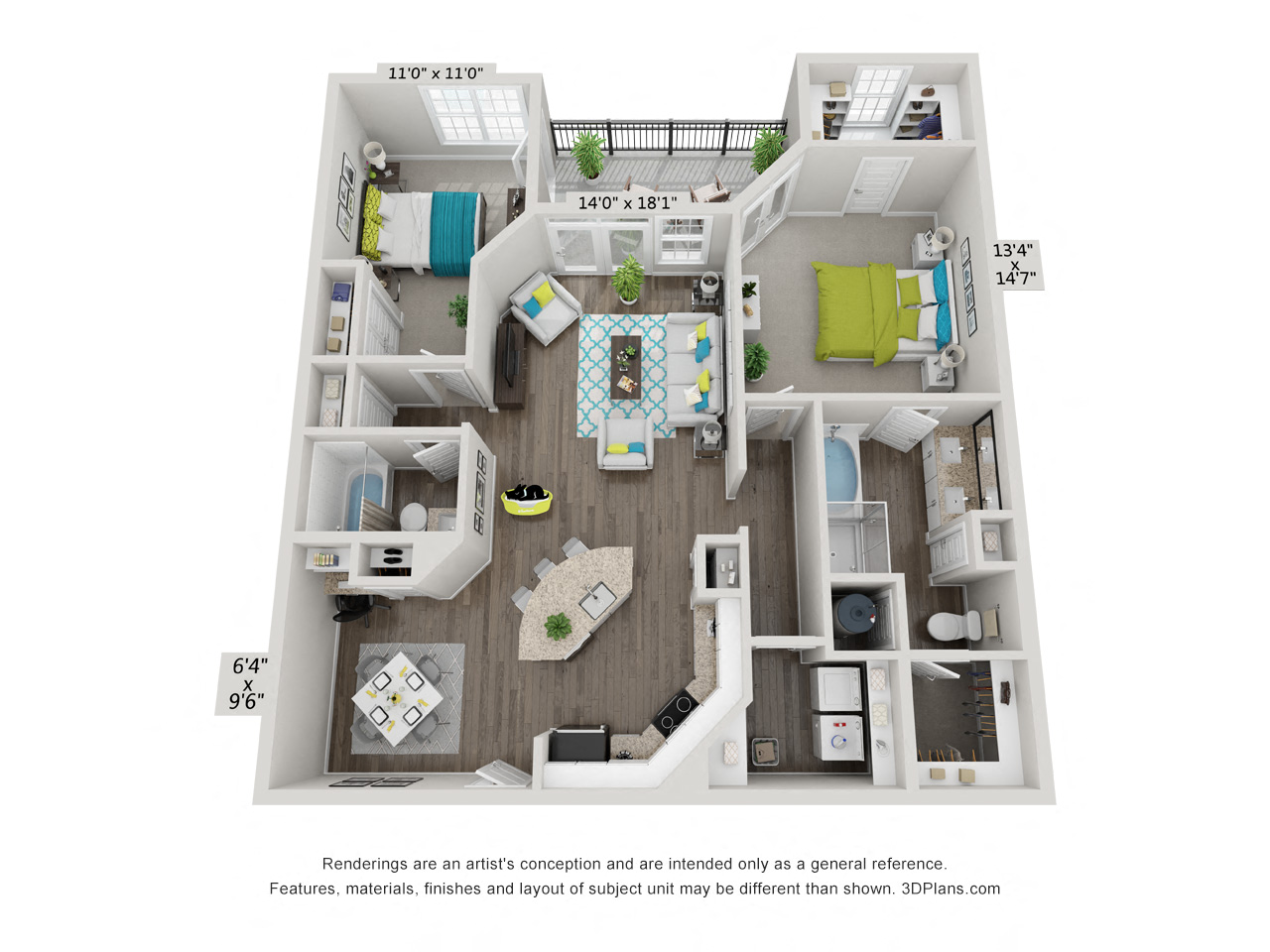 Floor plan for 2 beds, 2 baths, 1313 sqft